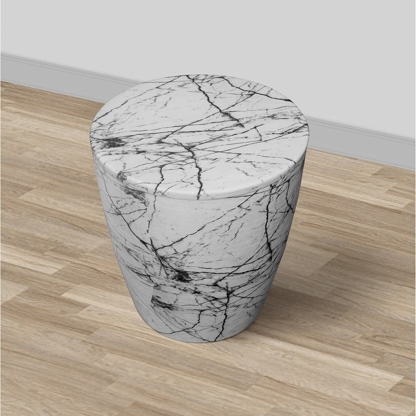 16 Inch Round Accent Side Table， Aluminum Sheet， Faux Marble， Enamel Coating， White - 16 H x 15 W x 15 L