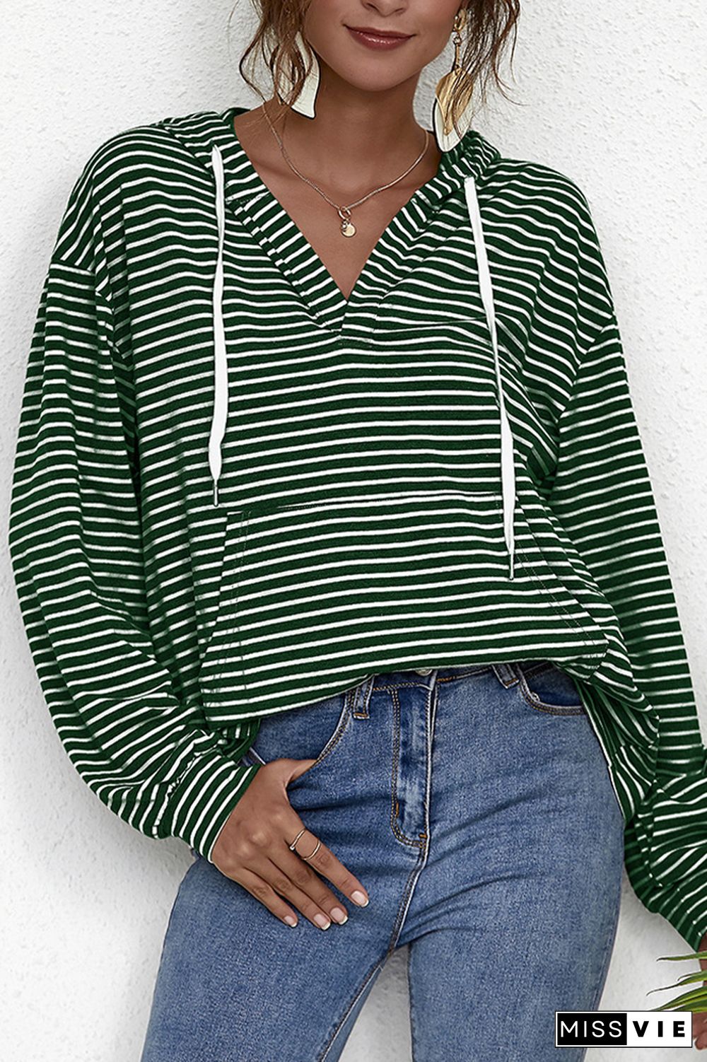 Stripes V Neck Front Pocket Drawstring Hoodies Wholesale