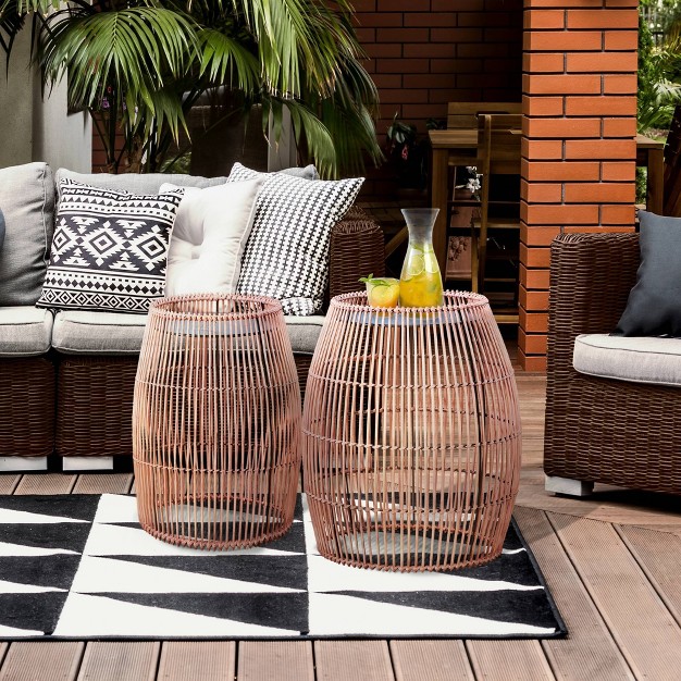 Cylinder Bamboo Patio Side Table With Iron Tabletop Teamson Home