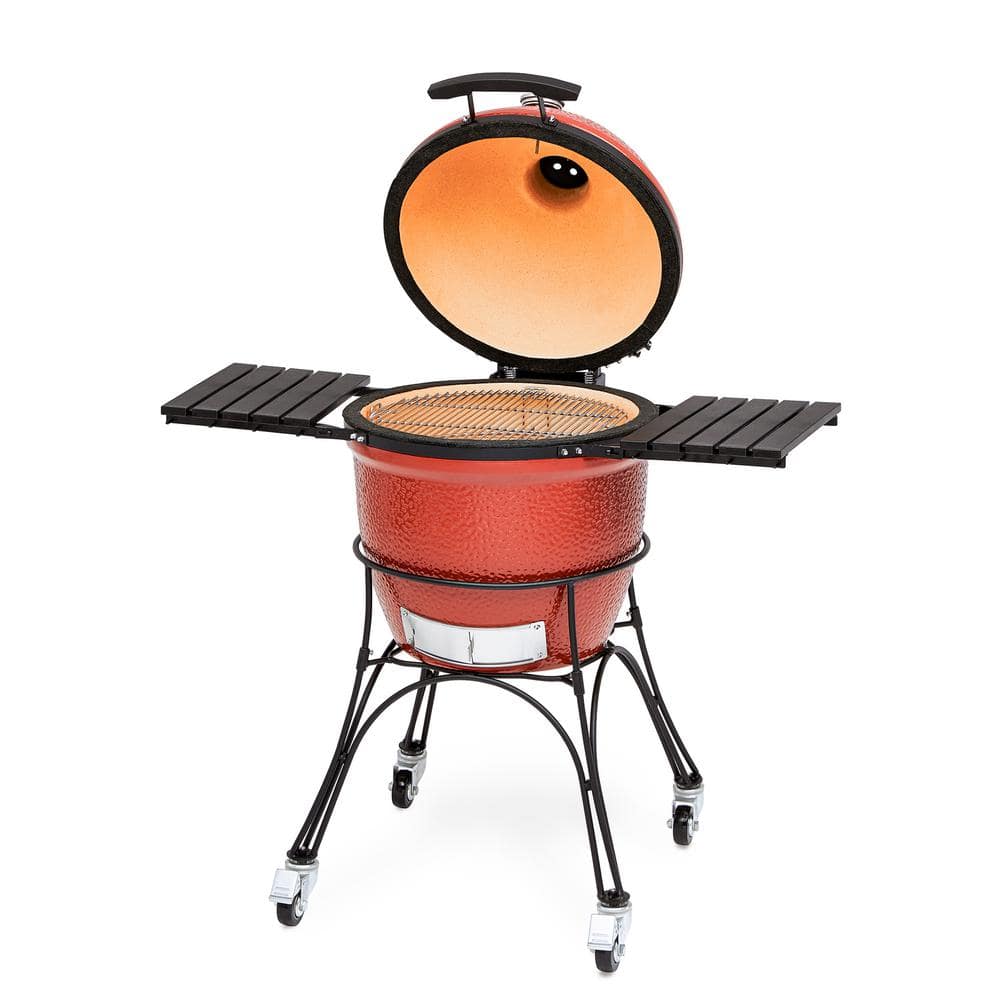 Kamado Joe Classic Joe I 18 in. Charcoal Grill in Red with Cart, Side Shelves, Grate Gripper, and Ash Tool KJ23RH