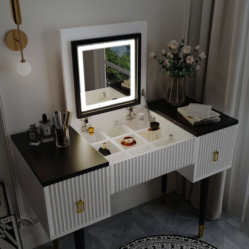 43.3'' Modern Vanity Table Set with Flip top Mirror and LED Light  Customizable Storage