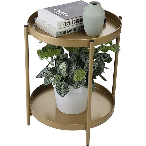 2-Tier Tray End Table，Folding Accent Coffee Table Gold