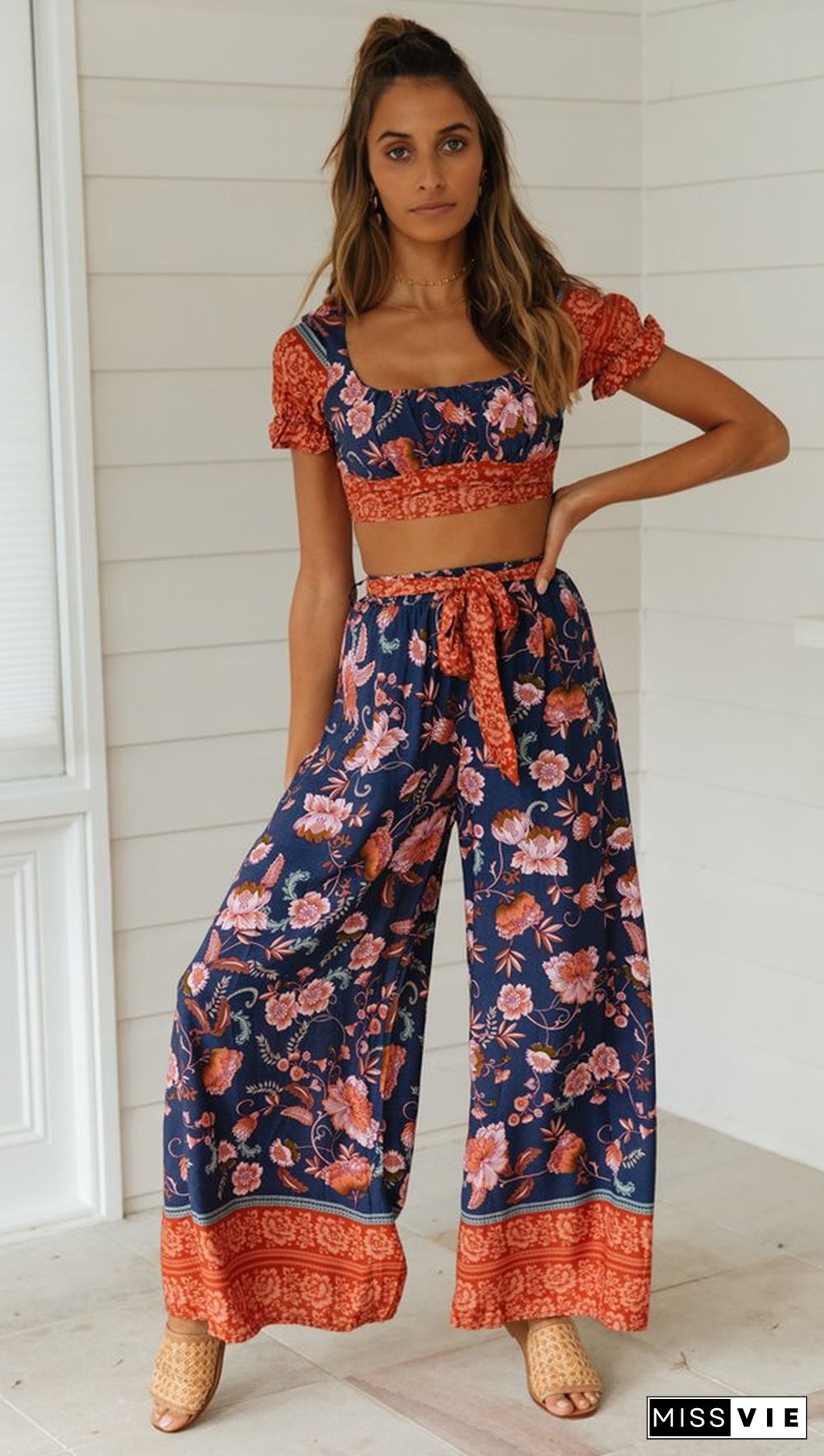 Navy Floral Crop Top and Pants Matching Sets