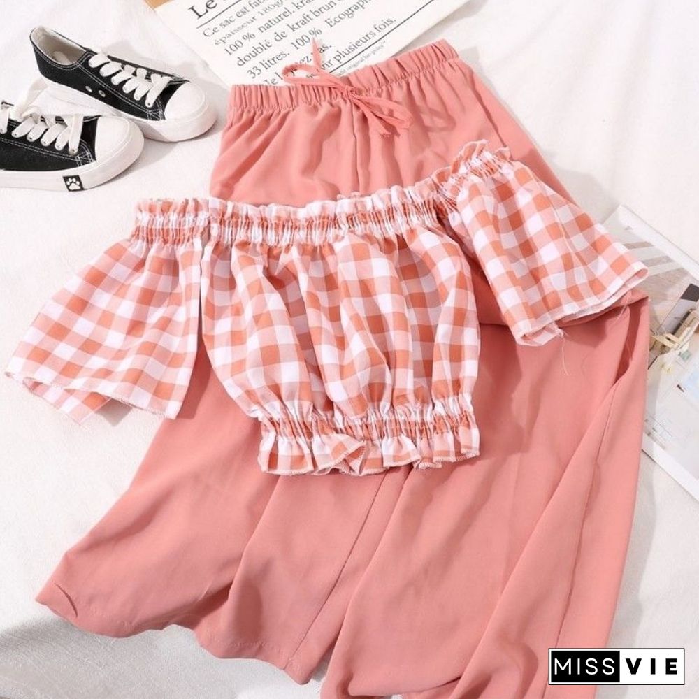 Women Sets Crop Tops Slash Plaid Off Shoulder Sexy Loose High Waist Wide Leg Pants Kawaii Two Piece Casual Summer Ulzzang New