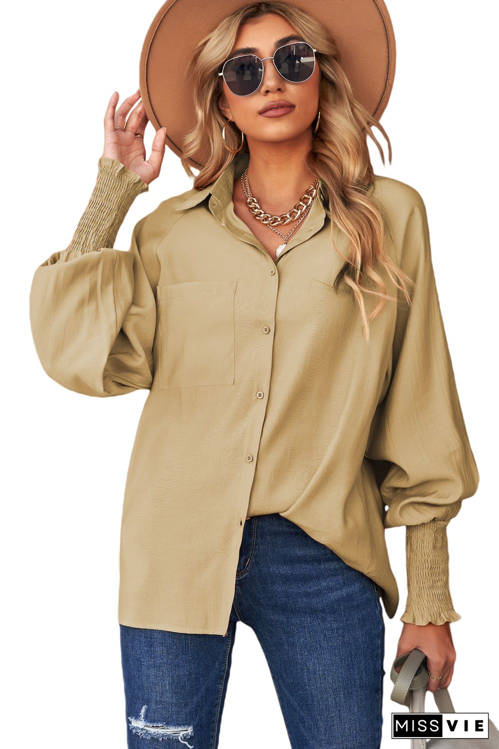 Khaki Billowy Sleeves Pocketed Shirt