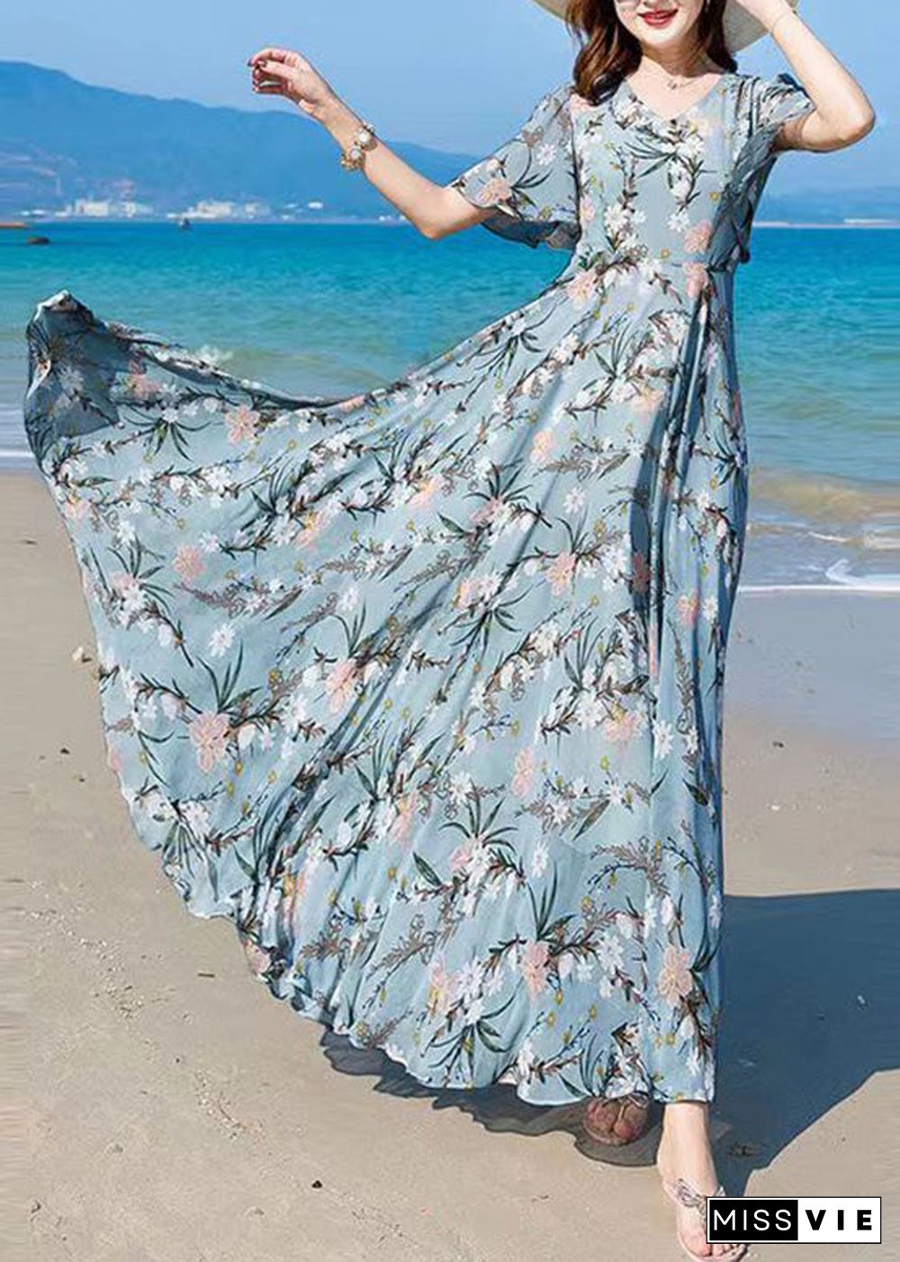 Vogue Blue V Neck Print Chiffon Maxi Beach Dresses Summer