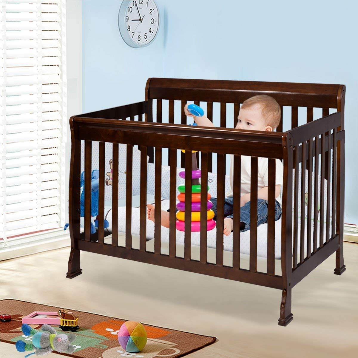 Baby Convertible Crib, Solid Wood Construction Toddler Nursery Bed (Dark Chocolate)