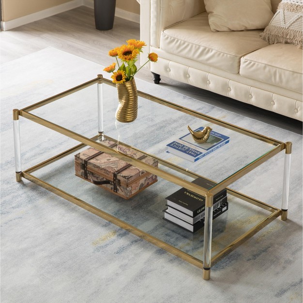 Fabulaxe Acrylic Rectangular Modern Gold Metal Coffee Table With Tempered Glass And Shelf For Office Dining Room Entryway