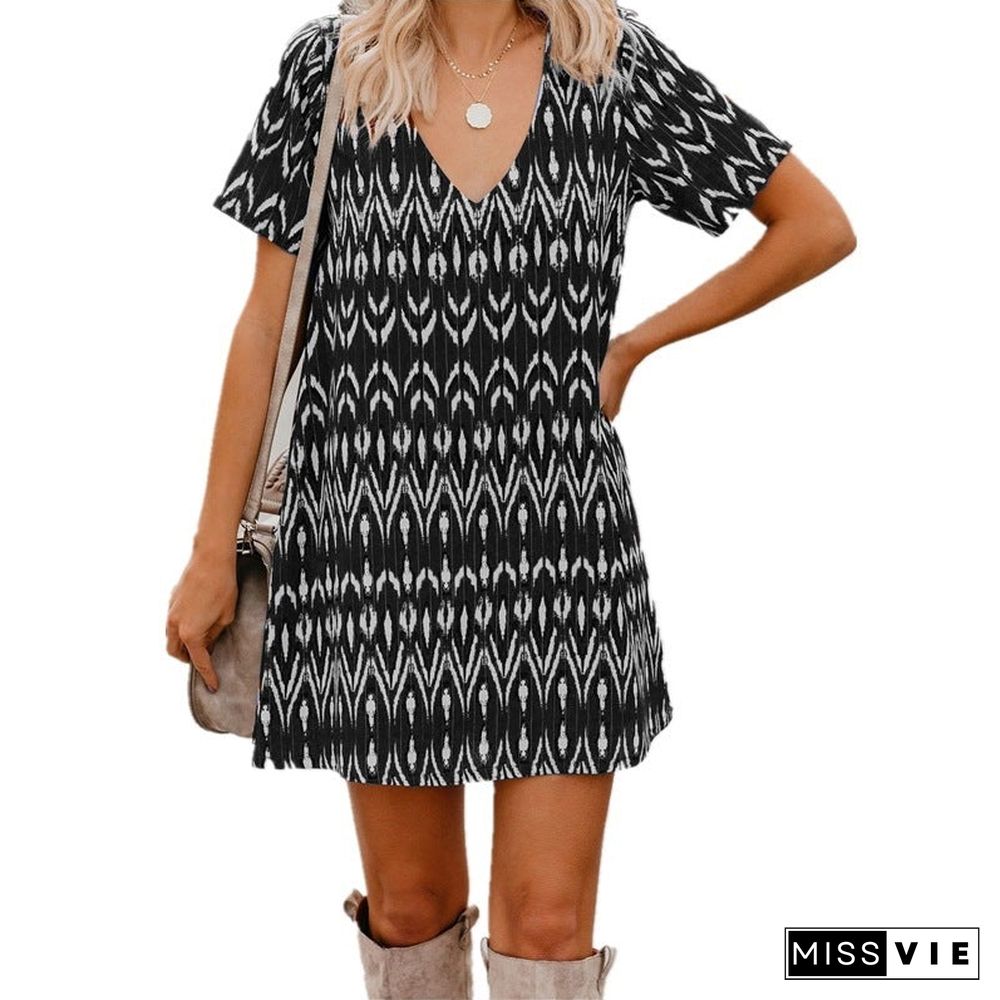 Spring/Summer Loose Short SleeveS V-Neck Print Dress Women'S Wear