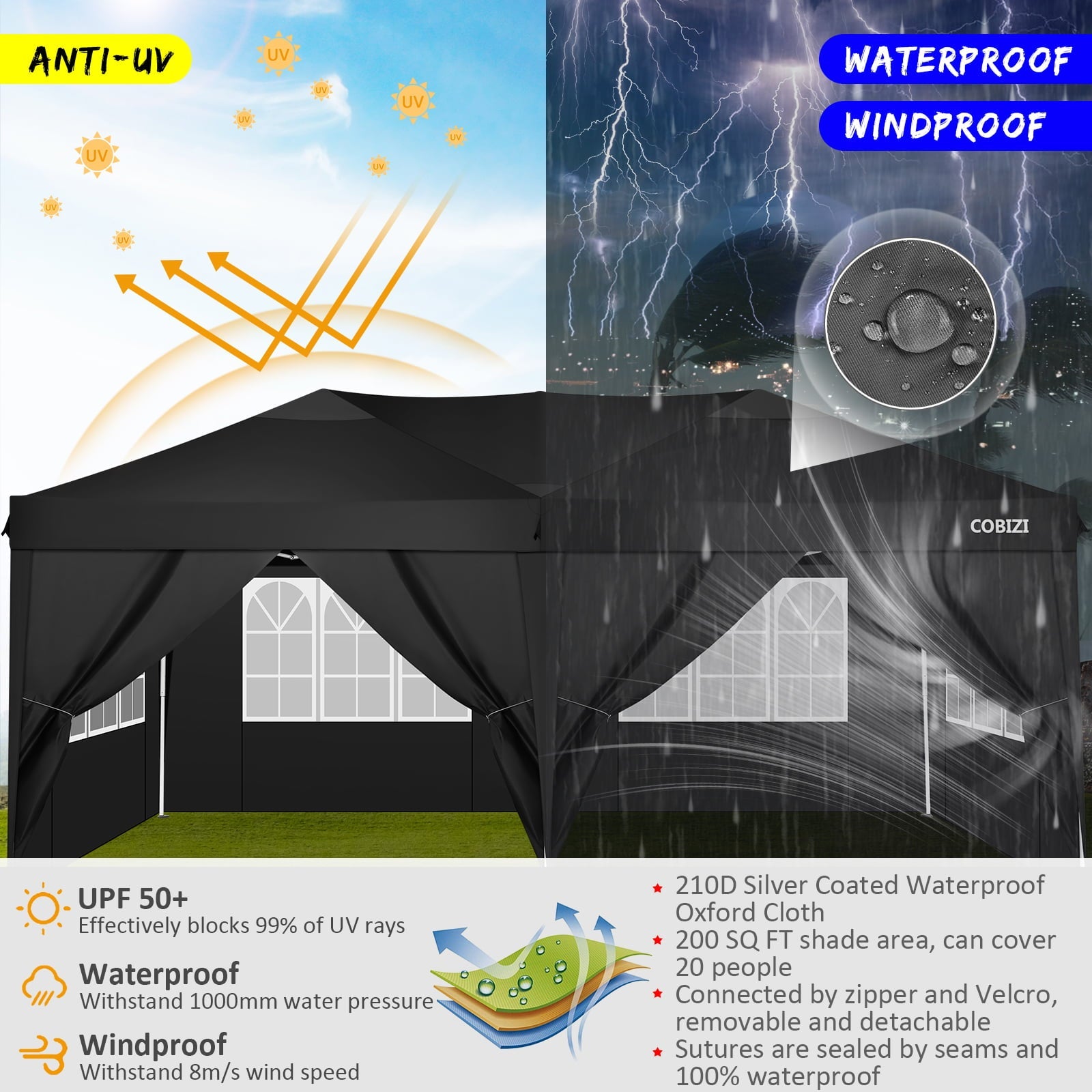 10 x 20ft Pop Up Canopy Tent Instant Outdoor Party Canopy Straight Leg Commercial Gazebo Tent Shelter with 6 Removable Sidewalls and Carrying Bag, Black