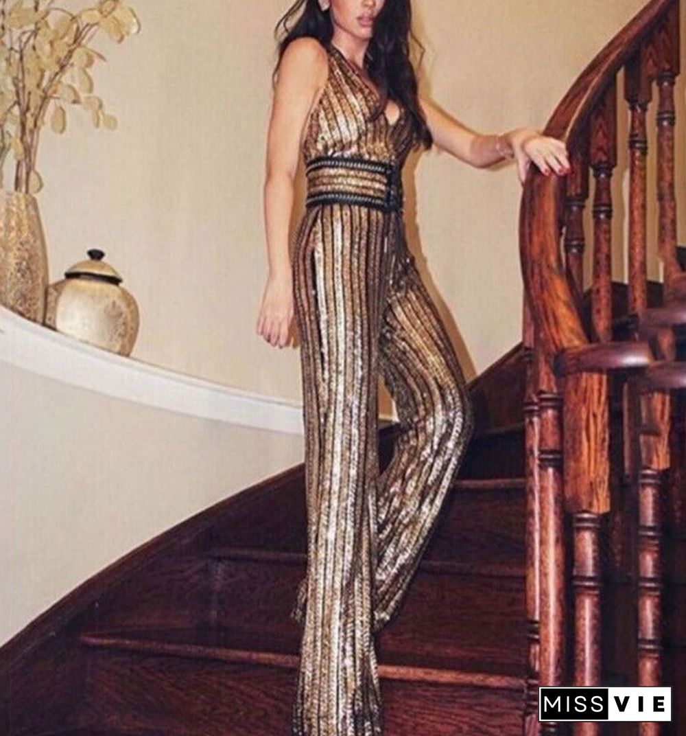 Golden Glitter V-Neck Jumpsuit Women Sexy Skinny Backless Bodycon Jumpsuits Ladies Elegant Party Overalls Clubwear