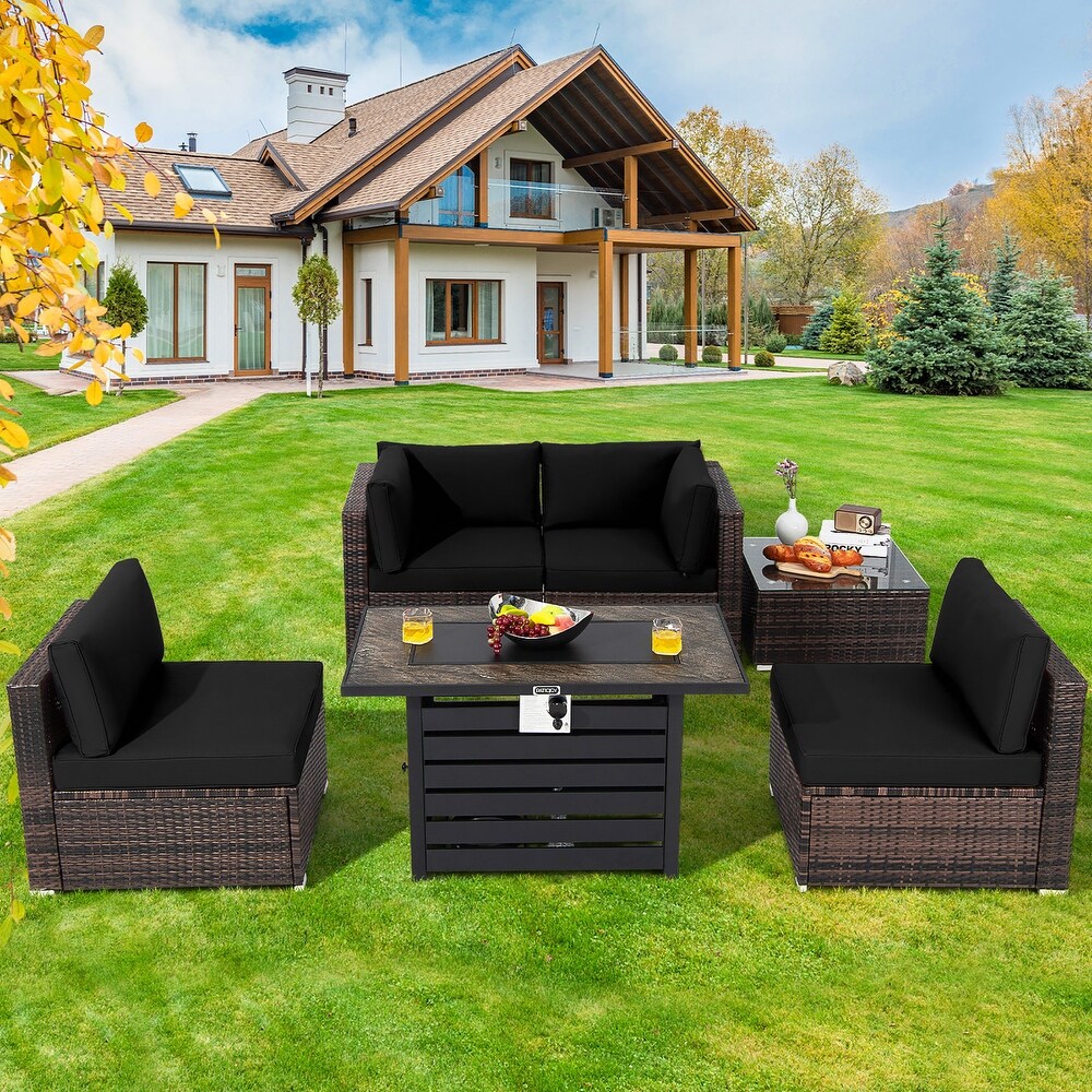 Costway 6PCS Patio Rattan Furniture Set 42'' Fire Pit Table Cover Sofa   See Details