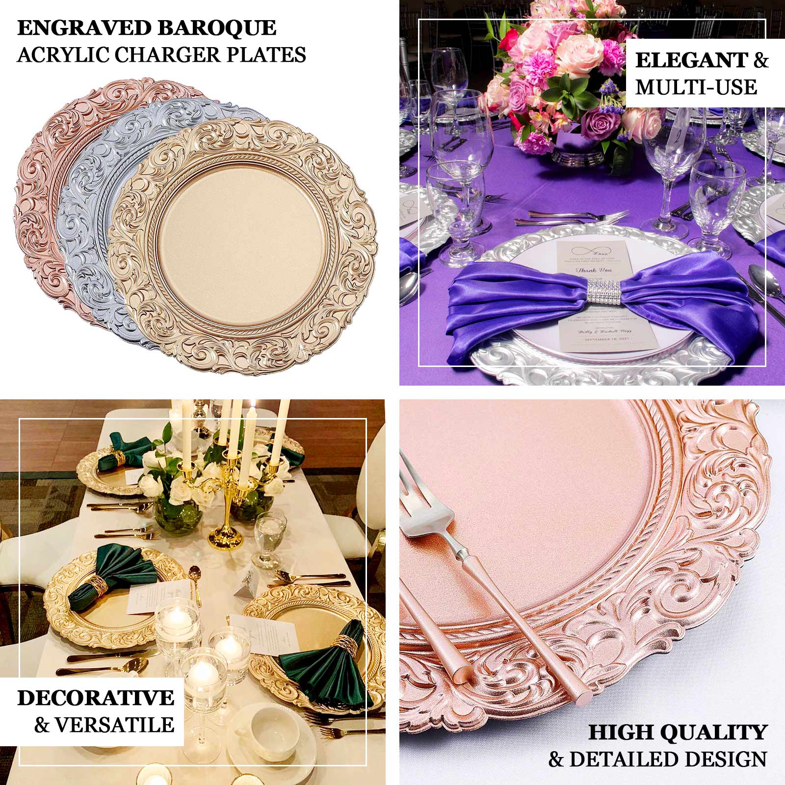 6 Pack Antique White Gold Vintage Acrylic Serving Plates With Engraved Baroque Rim, Round Disposable Charger Plates 14