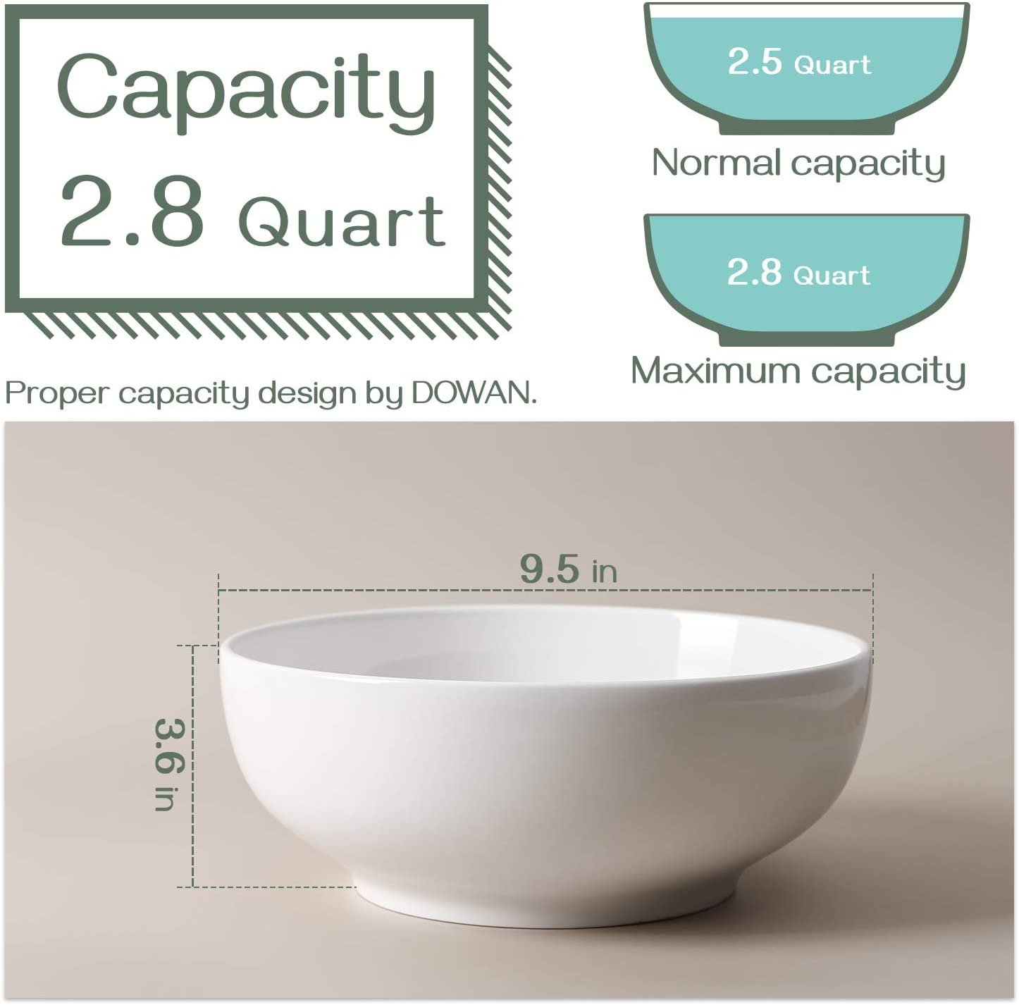 DOWAN 9.5 Large White Porcelain Serving Bowl Salad Bowl， Pasta Bowl， Mixing Bowl， Soup Bowl， Microwave and Dishwasher Safe， Set of 2