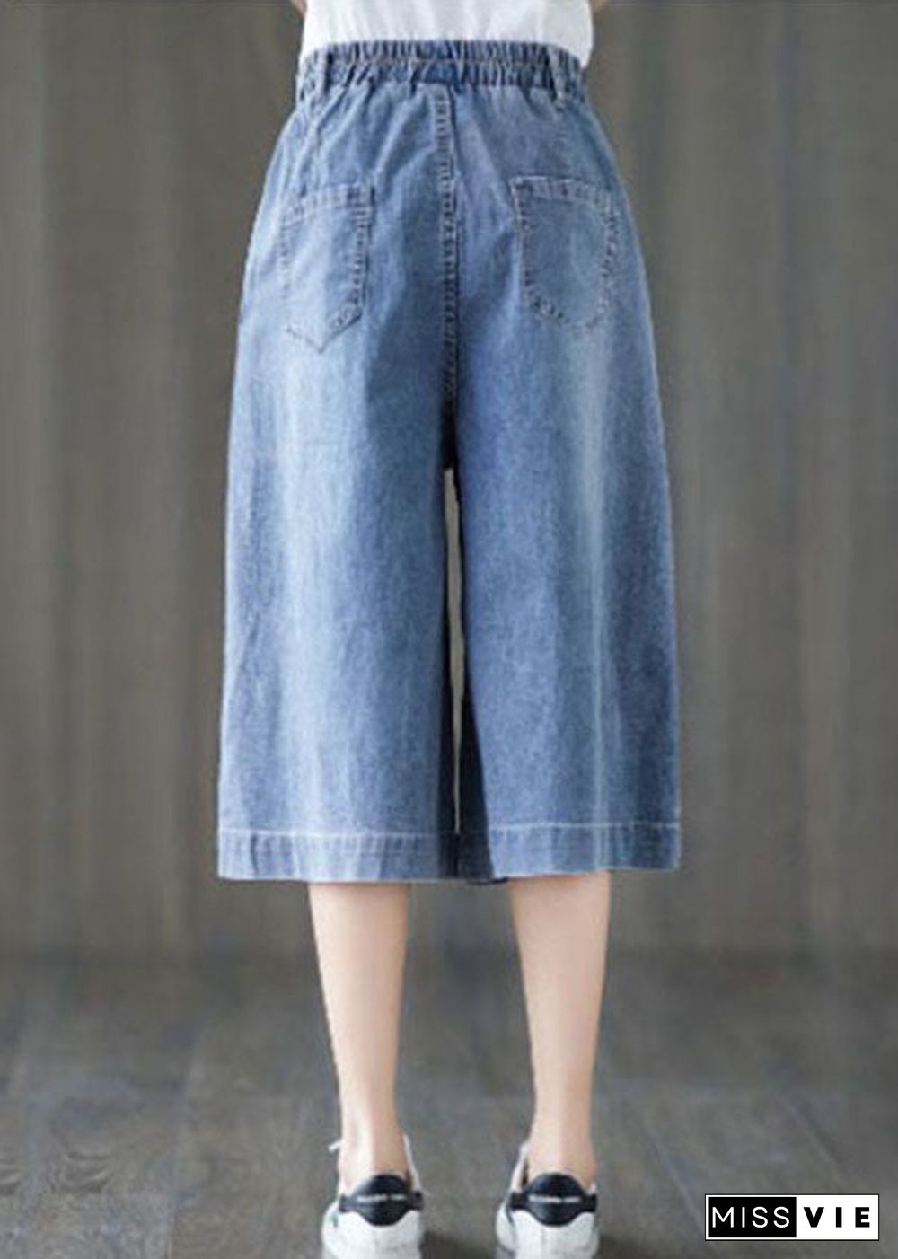 Elegant Denim Blue Elastic Waist Embroideried Cotton Wide Leg Pants Summer