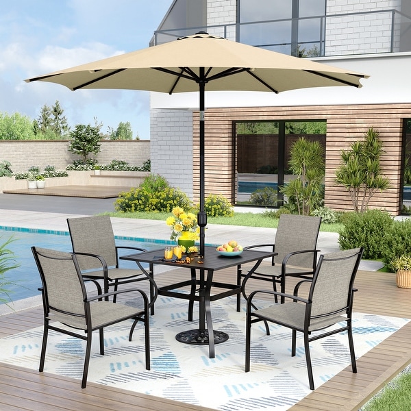 MAISON ARTS 6Piece Patio Dining Set，37 Inch Square Metal Table and 4 Textilene Dining Chairs with 9ft Patio Umbrella