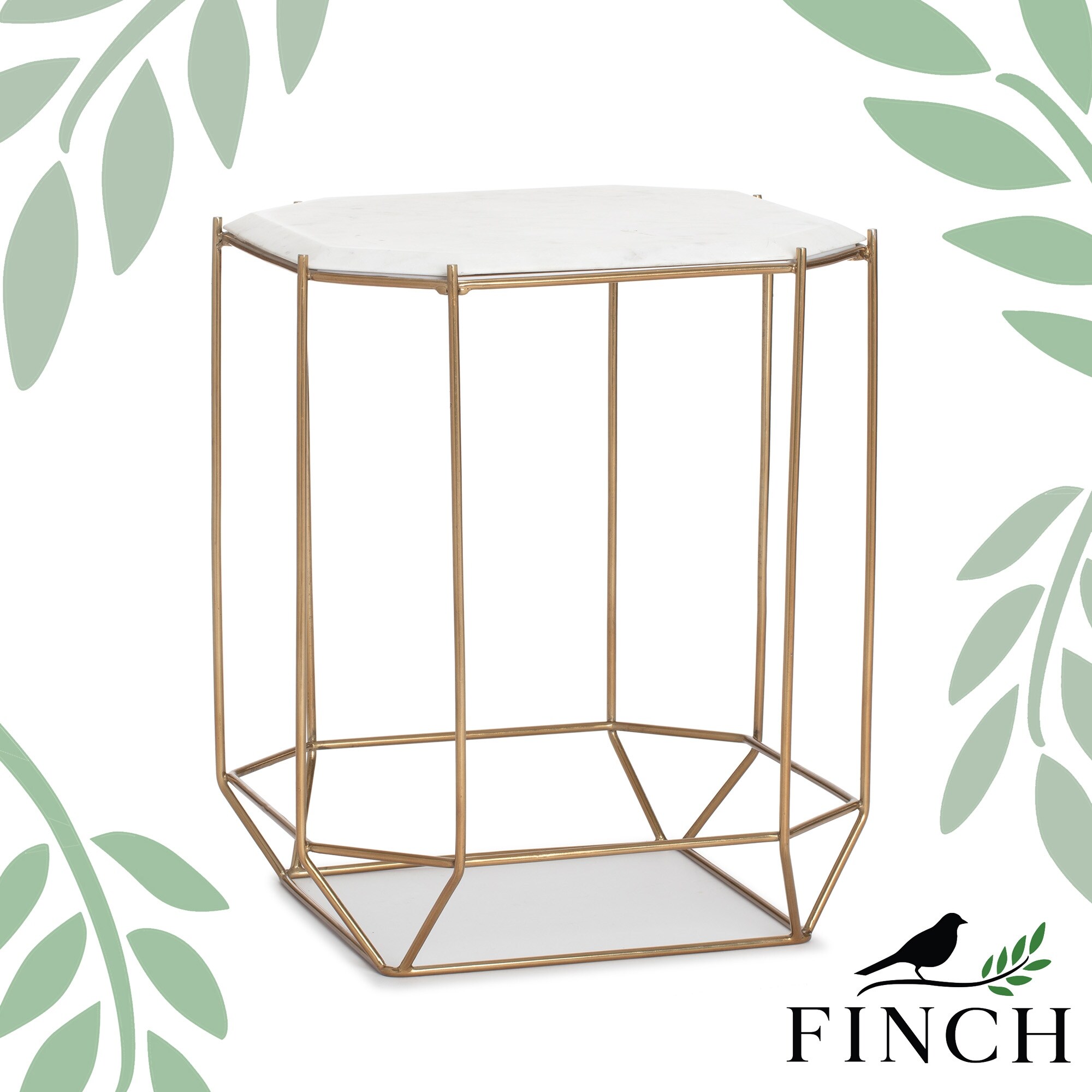 Finch Colton Solid Marble Top Accent Table with Gold Metal Base， White/Gold