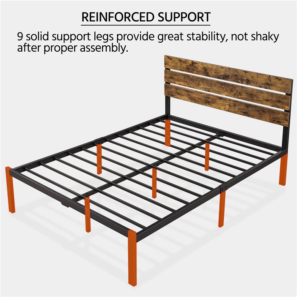 SMILE MART Wood Slat Headboard Black Metal Platform Full Bed, Brown Wood