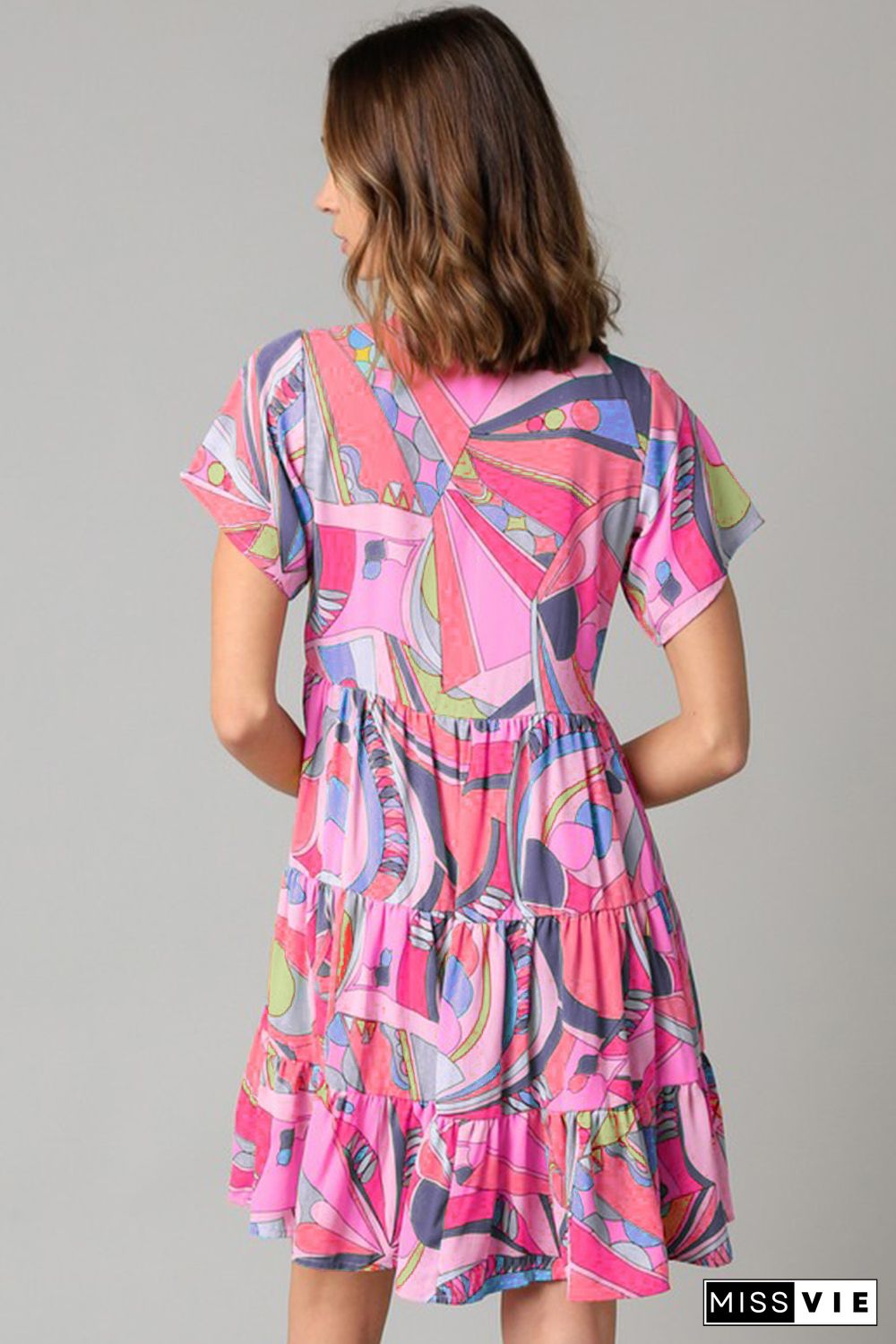 Pink Abstract Geometric Print Tassel Tie Flared Dress