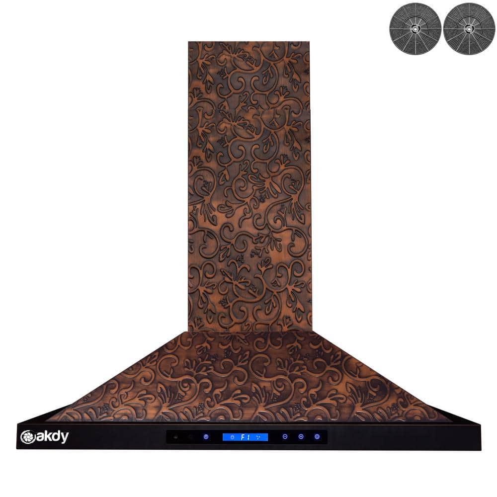 AKDY 36 in 343 CFM Convertible Island Mount Range Hood with LED Lights in Embossed Copper Vine Design with Carbon Filters