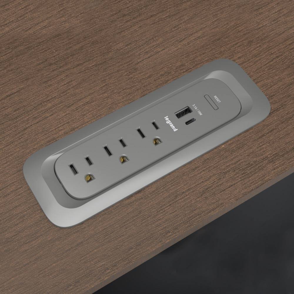 Legrand Wiremold ModPower 3 ft. Cord Magnesium 3-Outlet Middle Unit Integrated Recessed Power Strip with USB AC MDCF3-MG