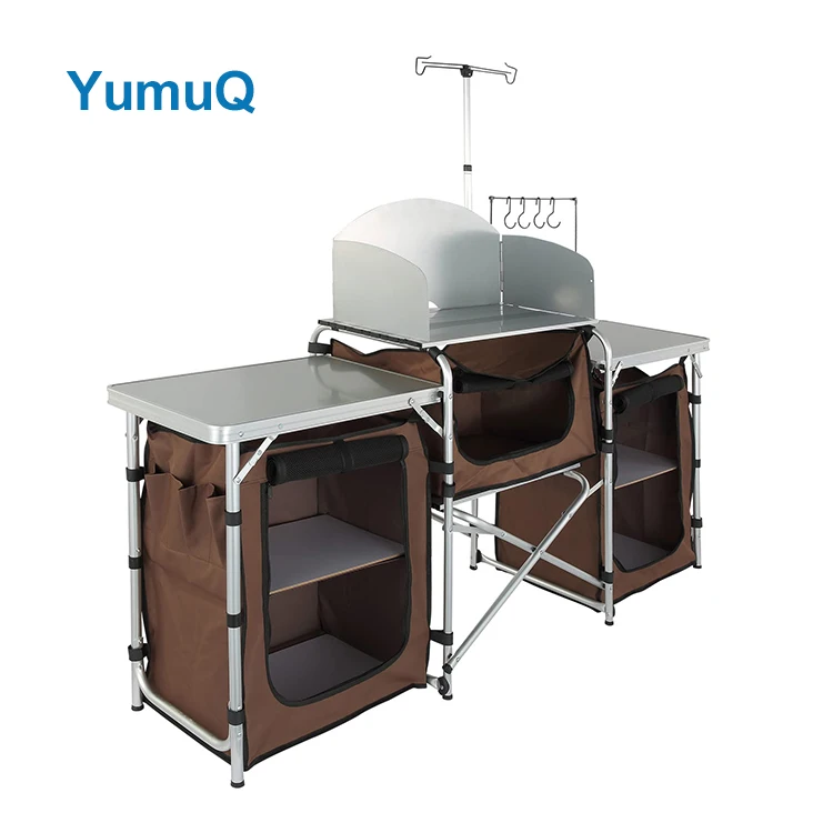 YumuQ Foldable Outdoor Camping Cooking Kitchen Utility Steel Work Station Cabinet Igt Table Set