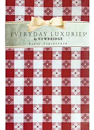 Newbridge Bistro Tavern Check Vinyl Flannel Backed Tablecloth - Cafe Checkered Indoor/Outdoor Vinyl Picnic, BBQ and Dining Tablecloth - 70? Zippered Umbrella Round, Red