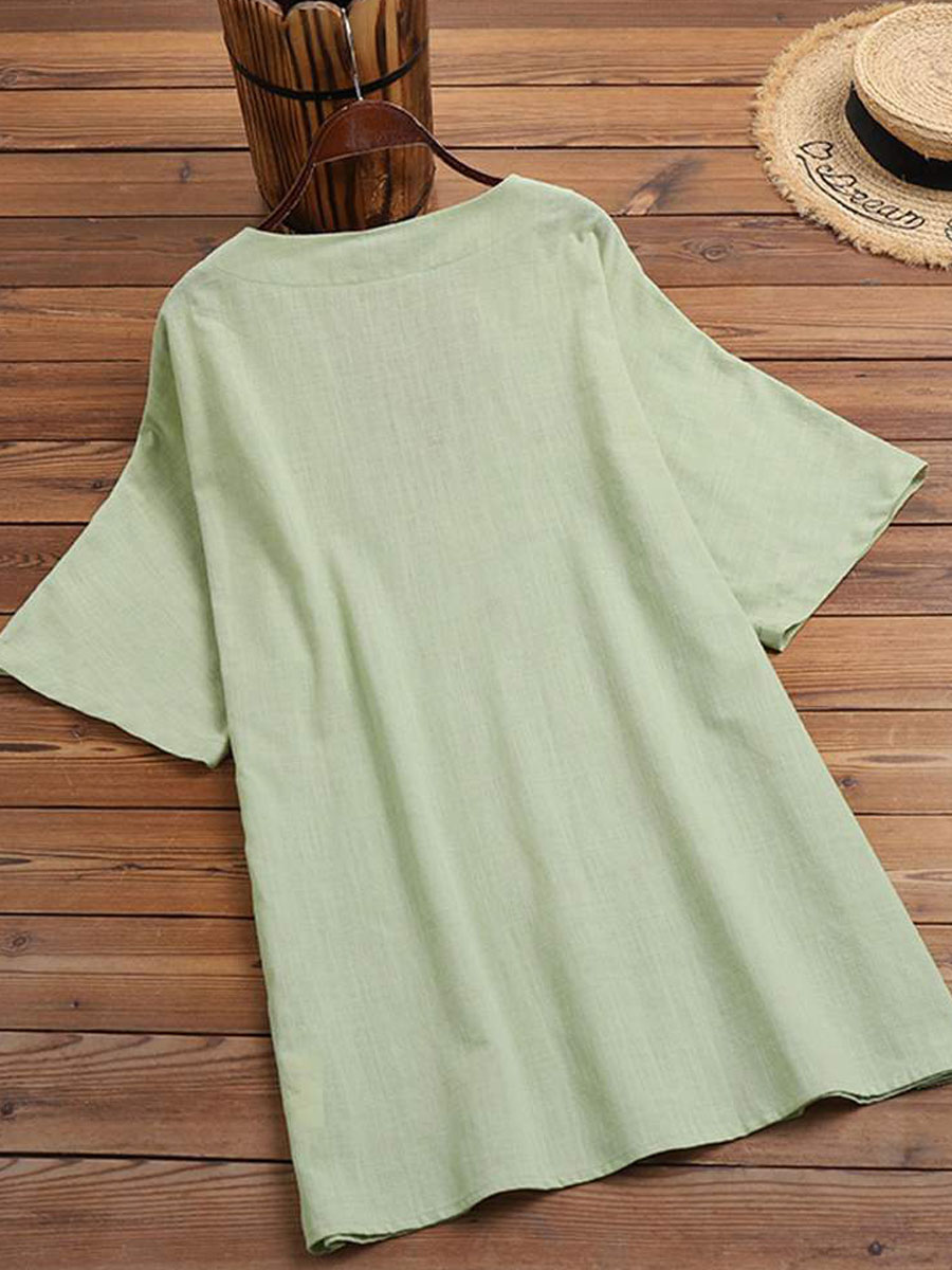 V-neck Casual Loose Solid Color Cotton And Linen Blouse