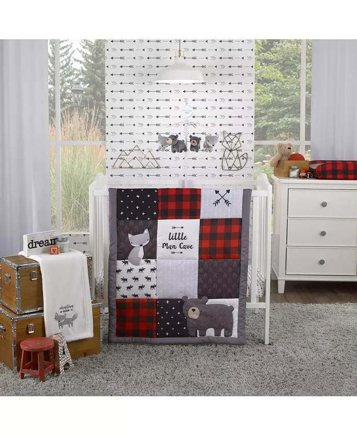 NoJo Little Man Cave  Bear  Fox  Moose  Buffalo Check and Arrows Rustic Nursery Mini Crib Set  3 Piece