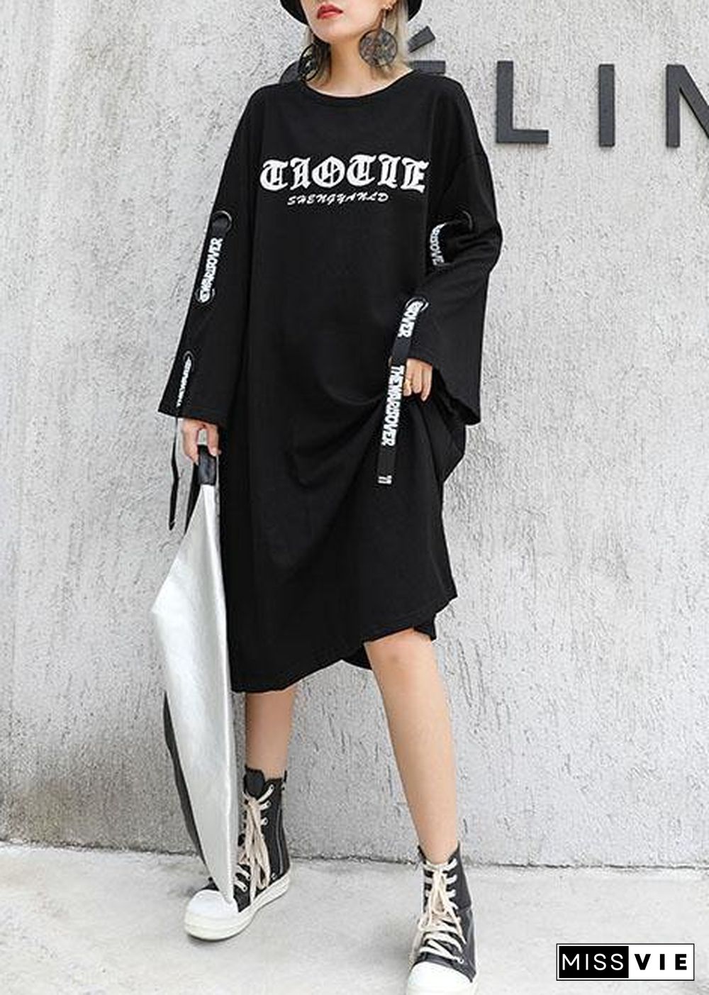 Loose o neck Cotton dresses Shirts black print Dresses