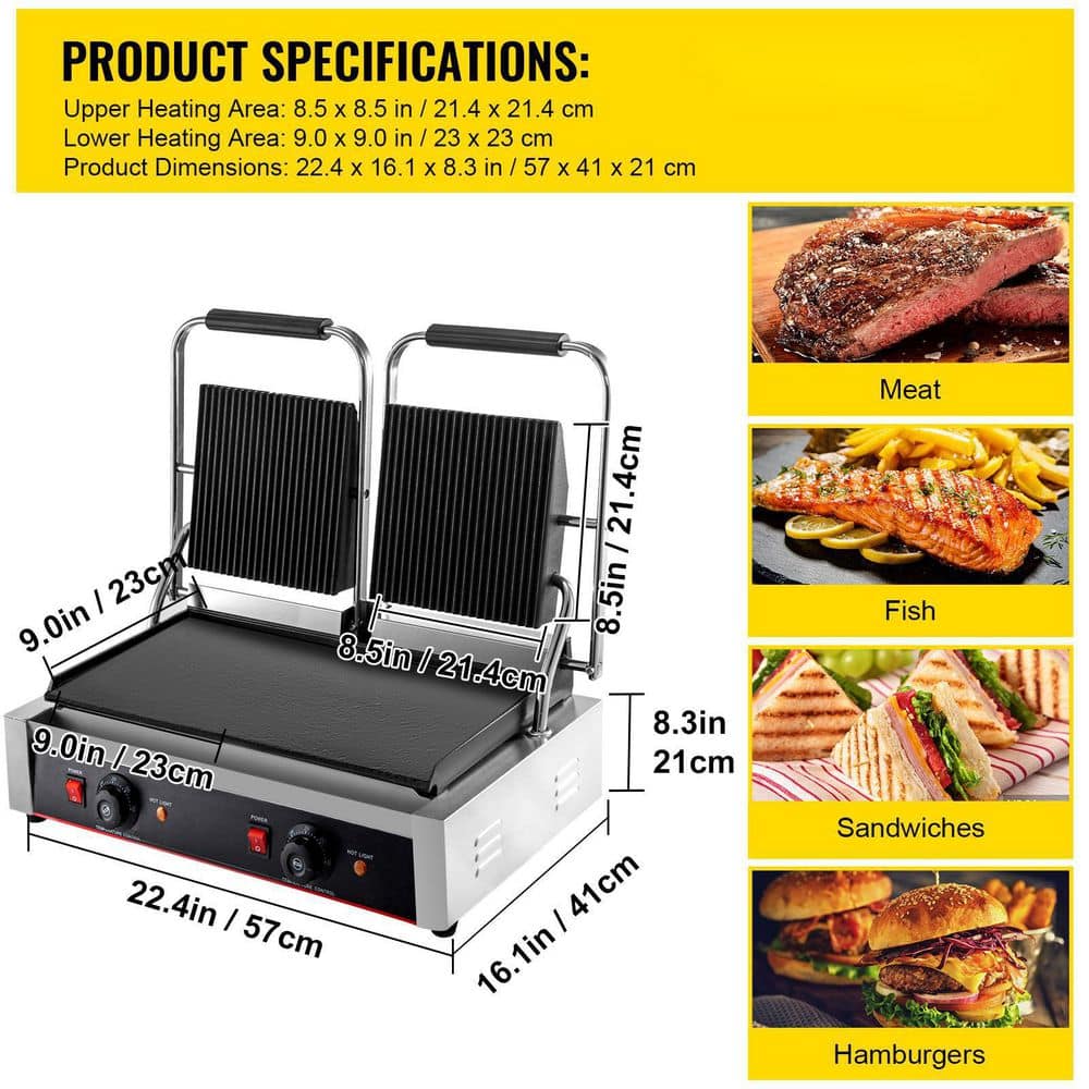 VEVOR Commercial Sandwich Panini Press Grill 2X1800W Temperature Control Non Stick Surface Commercial Panini Grill, Silver DPLDYBPLLD-813A01V1