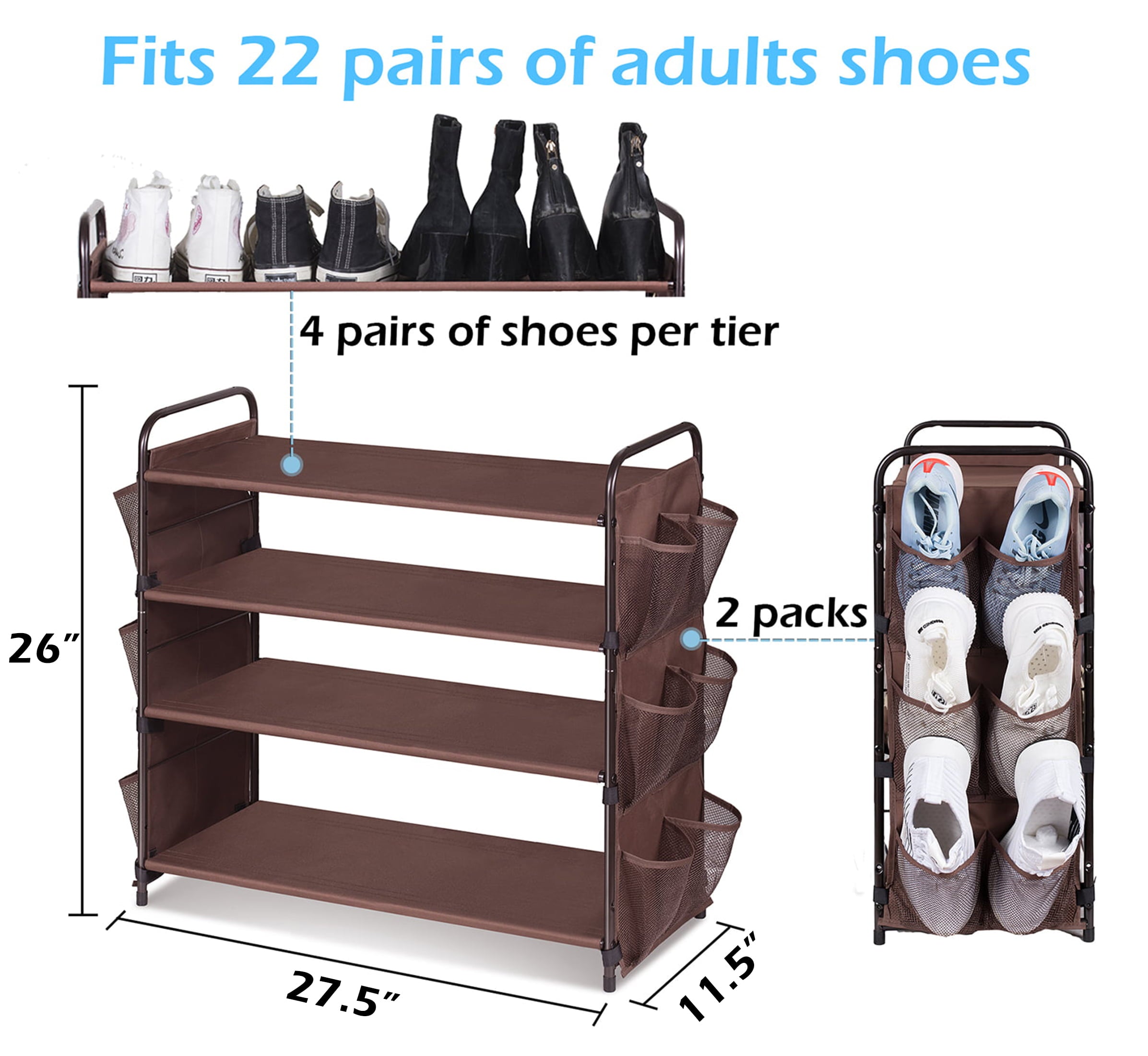 MISSLO 4 Tier Metal Shoe Rack for Closet Entryway 24 Pairs Stackable Shoes Shelf Storage Organizer Mesh Pockets ， Brown