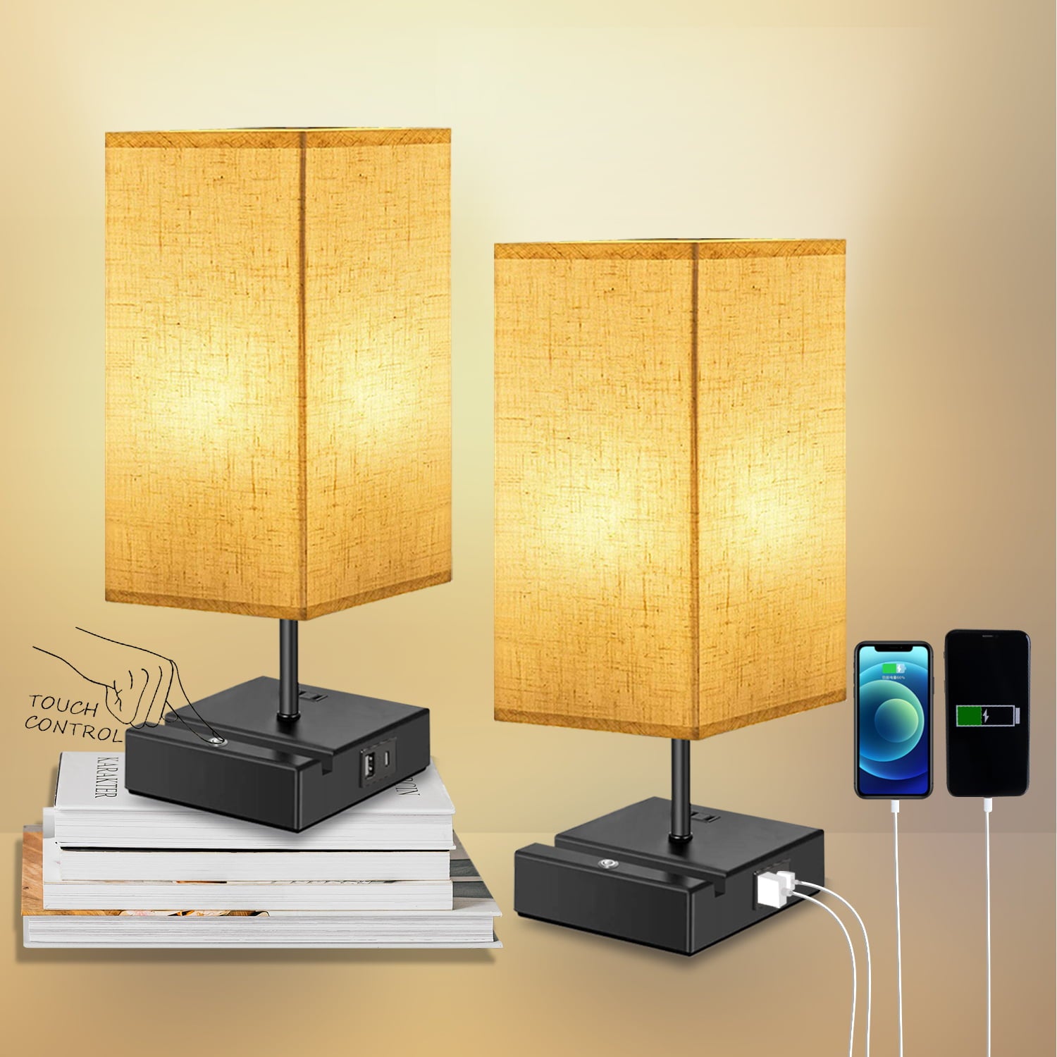 Eva's Light Nightstand Lamps set of 2, 3-Way Dimmable Bedside Lamp with USB / Type C Port and Outlet for Bedrooms