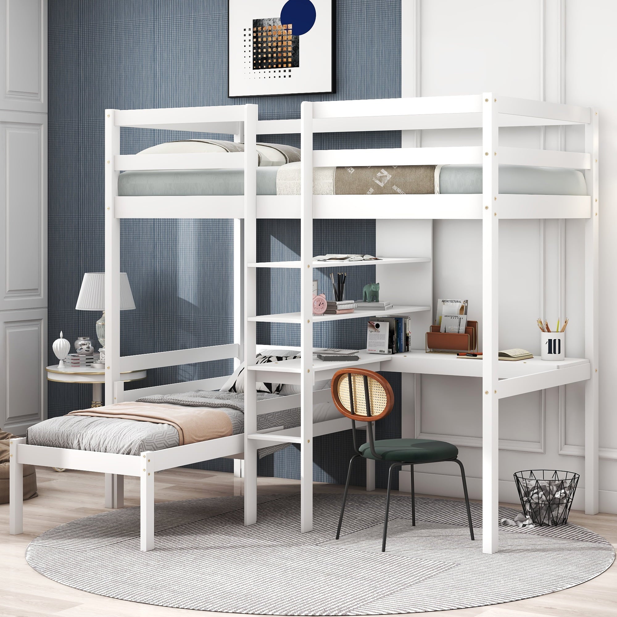 Euroco Twin Size Wood Bunk Bed with Shelves & Desk for Kids Bedroom, White