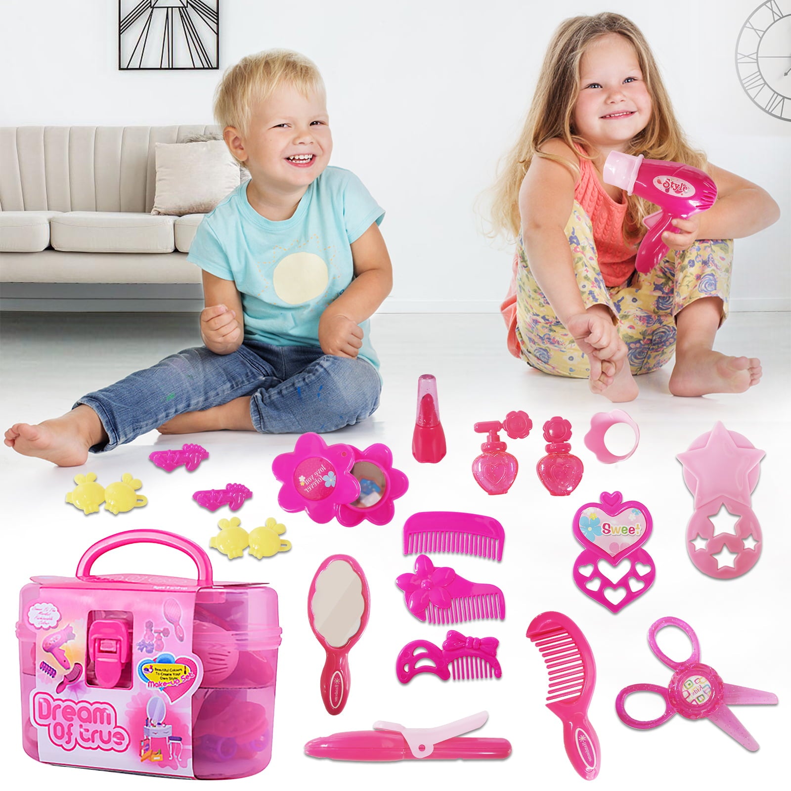 Little Girl Makeup Kit Pretend Play Hair Station with Case Kids Beauty Salon Set Toys， Hairdryer， Brush，Mirror and Styling(17pcs) Toy for little girl 1 2 3 4 Years Old