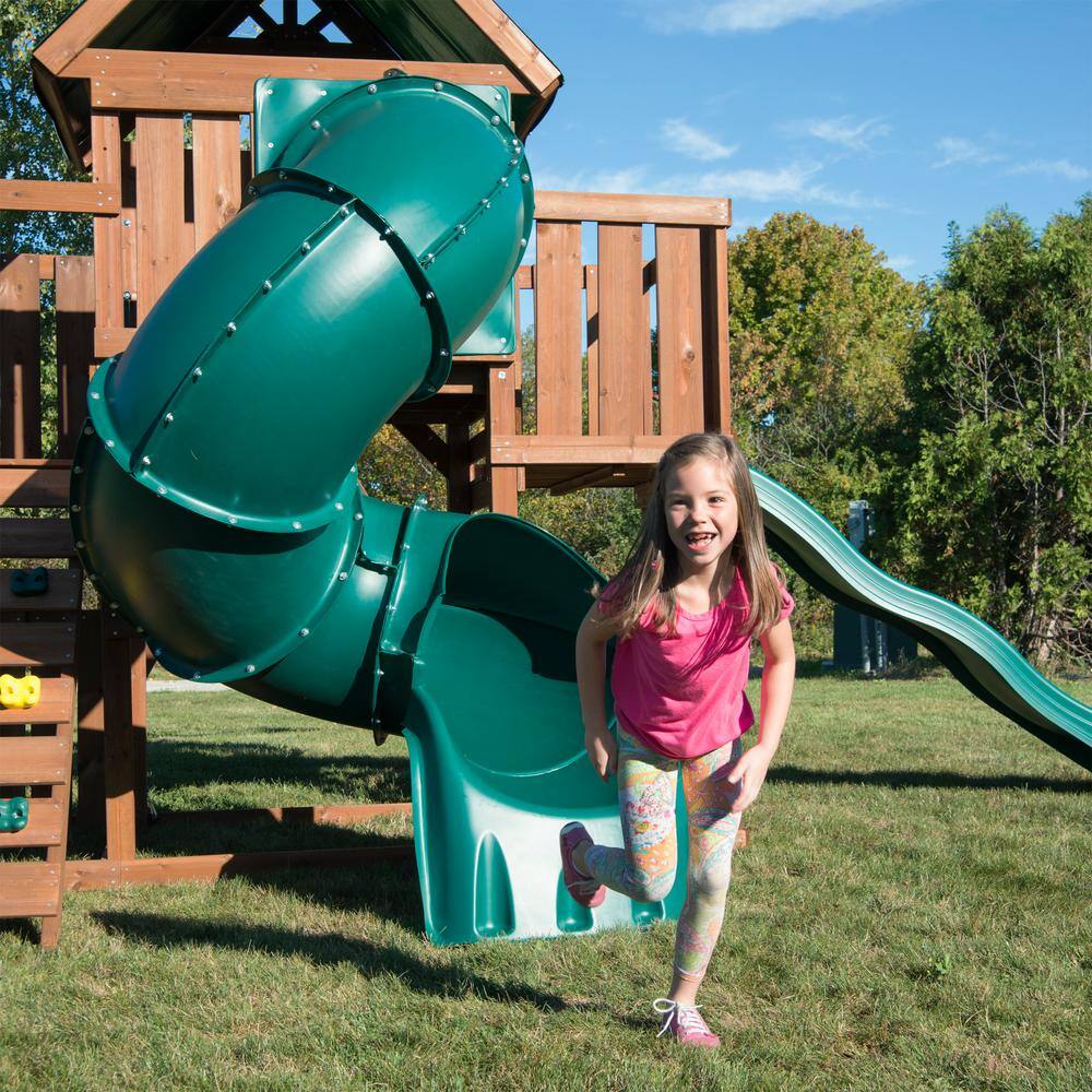 Swing-N-Slide Playsets Tellico Terrace Ready-To-Assemble Wooden Outdoor Playset with 2 slides Rock Wall Tarp Roof and Swing Set Accessories WS 8359