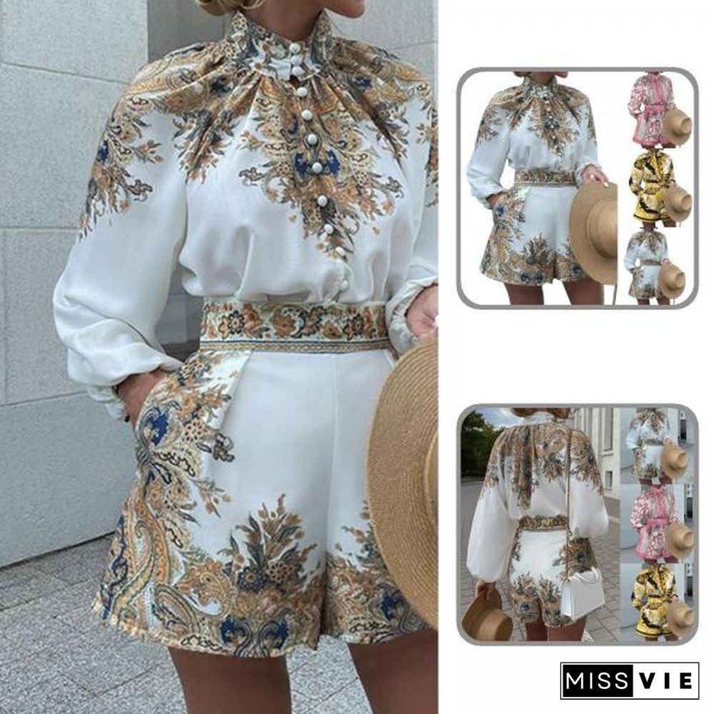 1 Set Blouse Shorts Set Temperament Long Sleeve Two-Piece Outfit