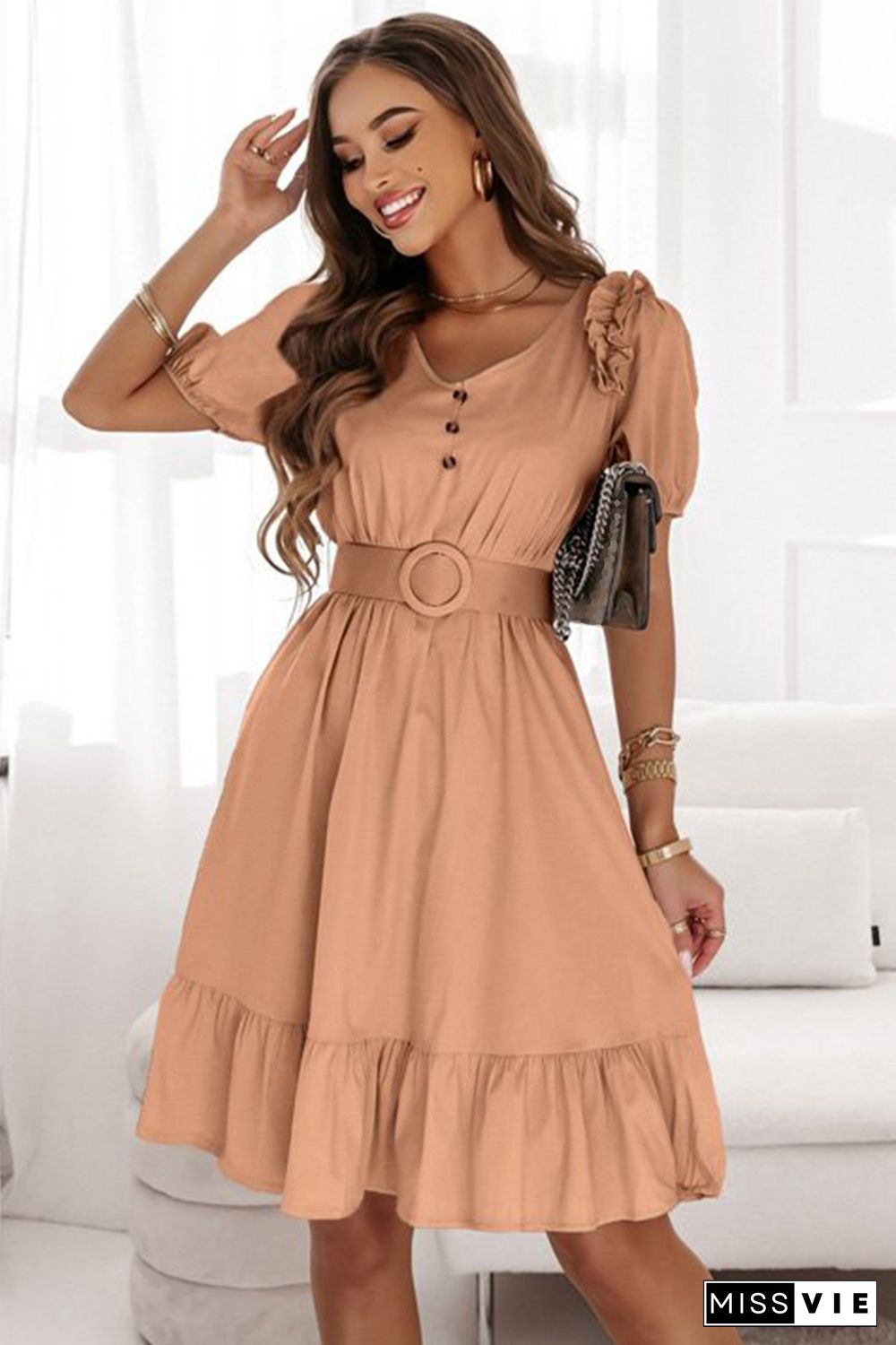 Brown V-Neck Ruffle Buttoned Midi Dress