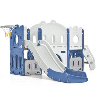 Tatayosi Blue Kids Slide Playset Structure Freestanding Castle Kids Climber Playhouse with Slide and Basketball Hoop P-DJ-SW000007AAC