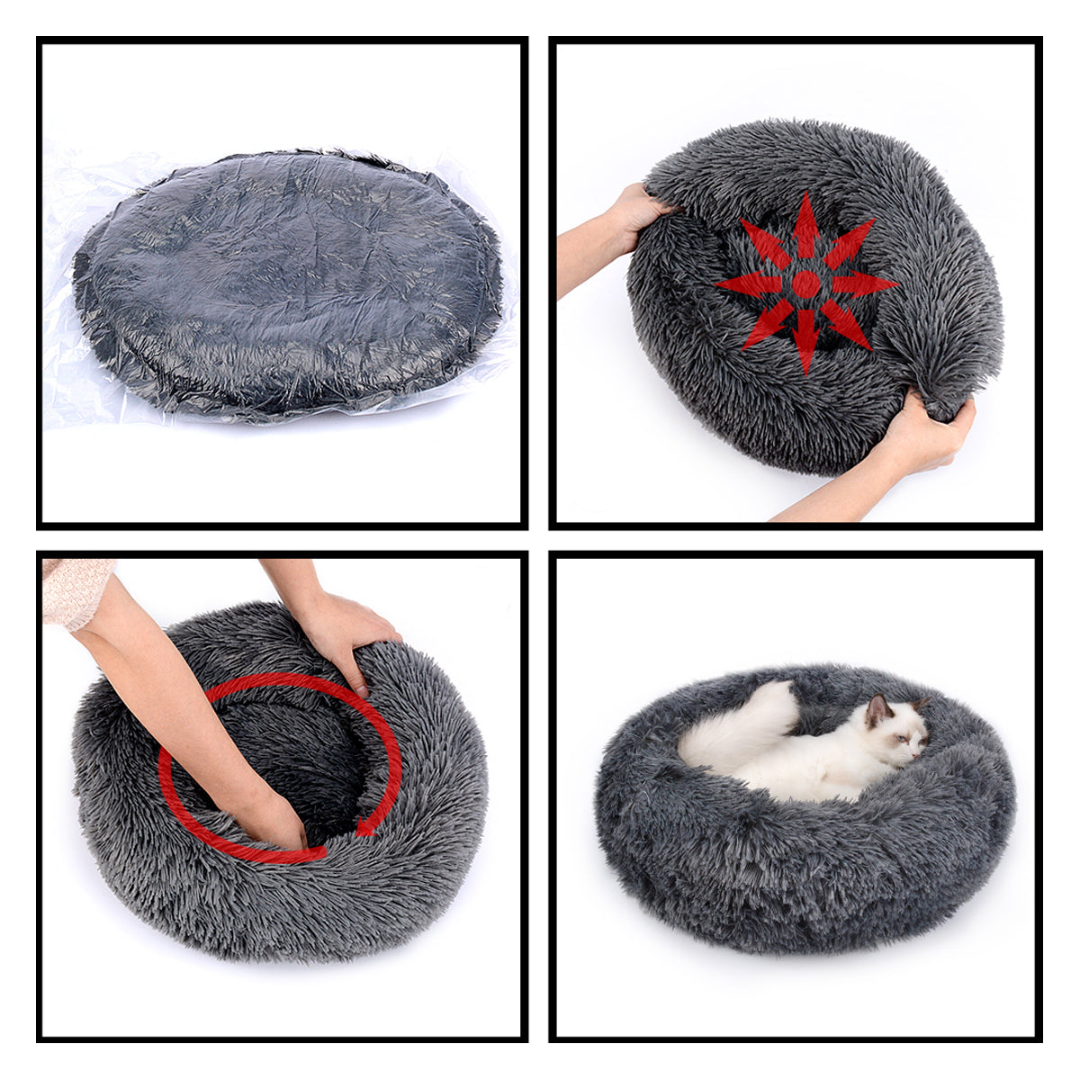 HQZY Plush Cat Calming Bed，  Plush Round Dog Bed Anti Anxiety Cuddler Comfy Dog Mat for Small Medium Dogs and Cats，Dark Grey 23.4