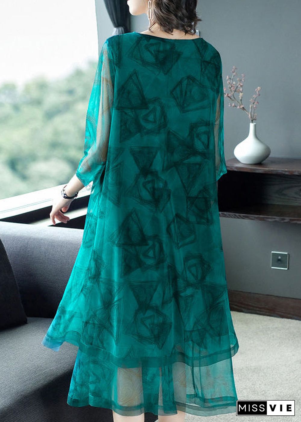 Fashion Green O-Neck Print Patchwork Tulle Maxi Dresses Summer