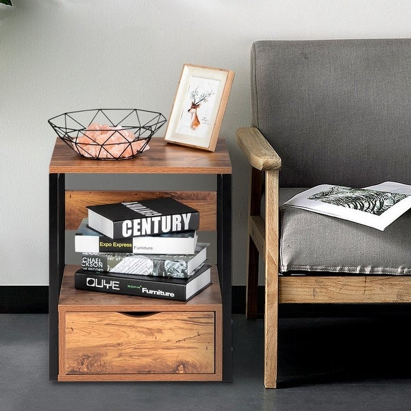 Steel Frame Wooden Nightstands With Drawers - - 35510923