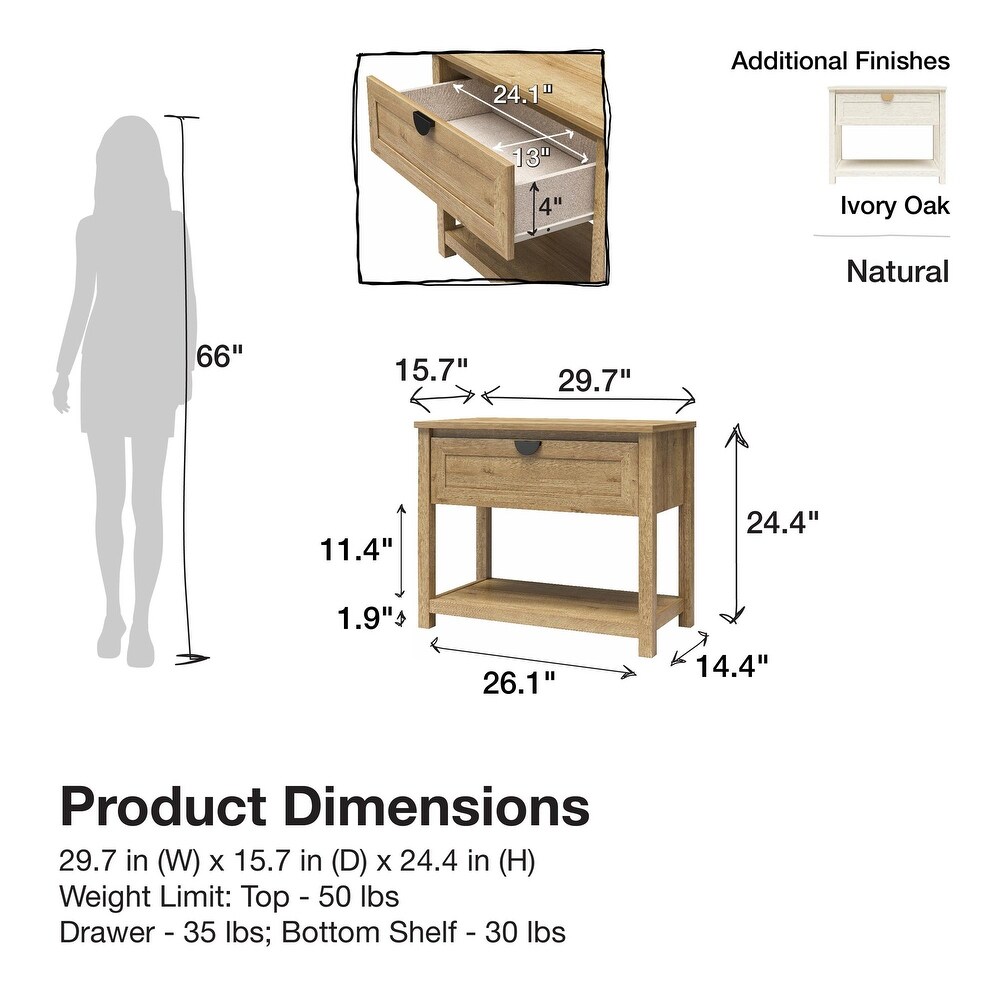 Mr. Kate Primrose Wide 1 Drawer Nightstand with Open Shelf  Ivory Oak