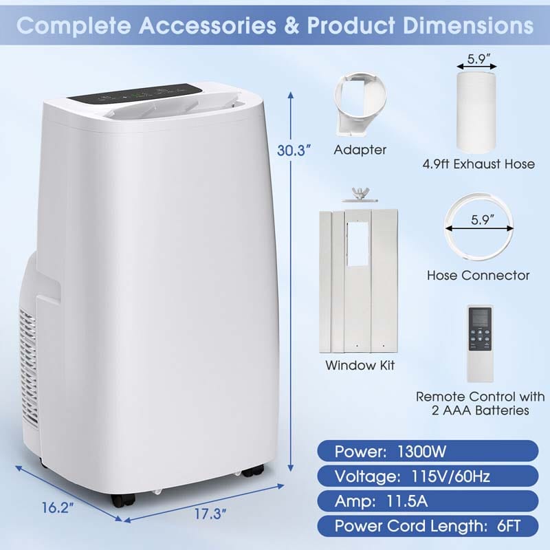 14000 BTU 4-in-1 Portable Air Conditioner with Heater, Cool Fan, Dehumidifier, Remote Control, 24H Timer