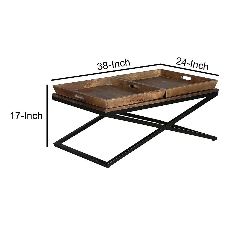 38 Inch Rectangular Mango Wood Farmhouse Coffee Table， 2 Trays， X Iron Base， Brown and Black