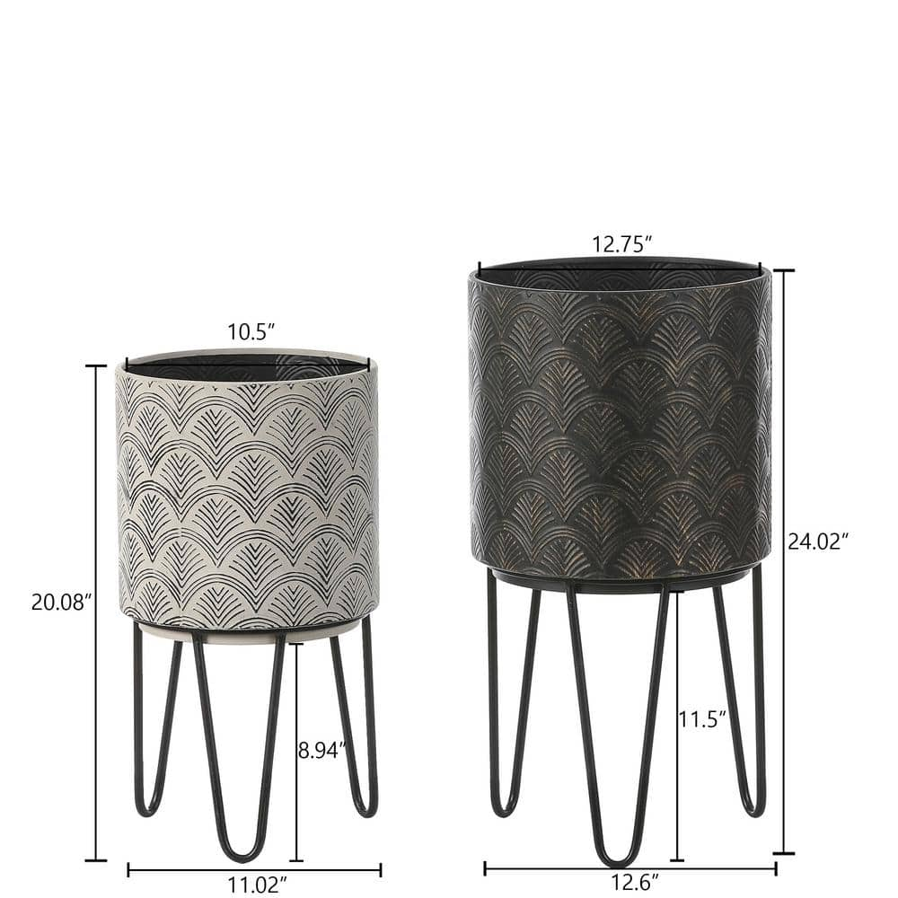 Luxen Home Black and Off White Metal Cachepot Planters with Black Metal Stands (2-Pack) WHPL1452