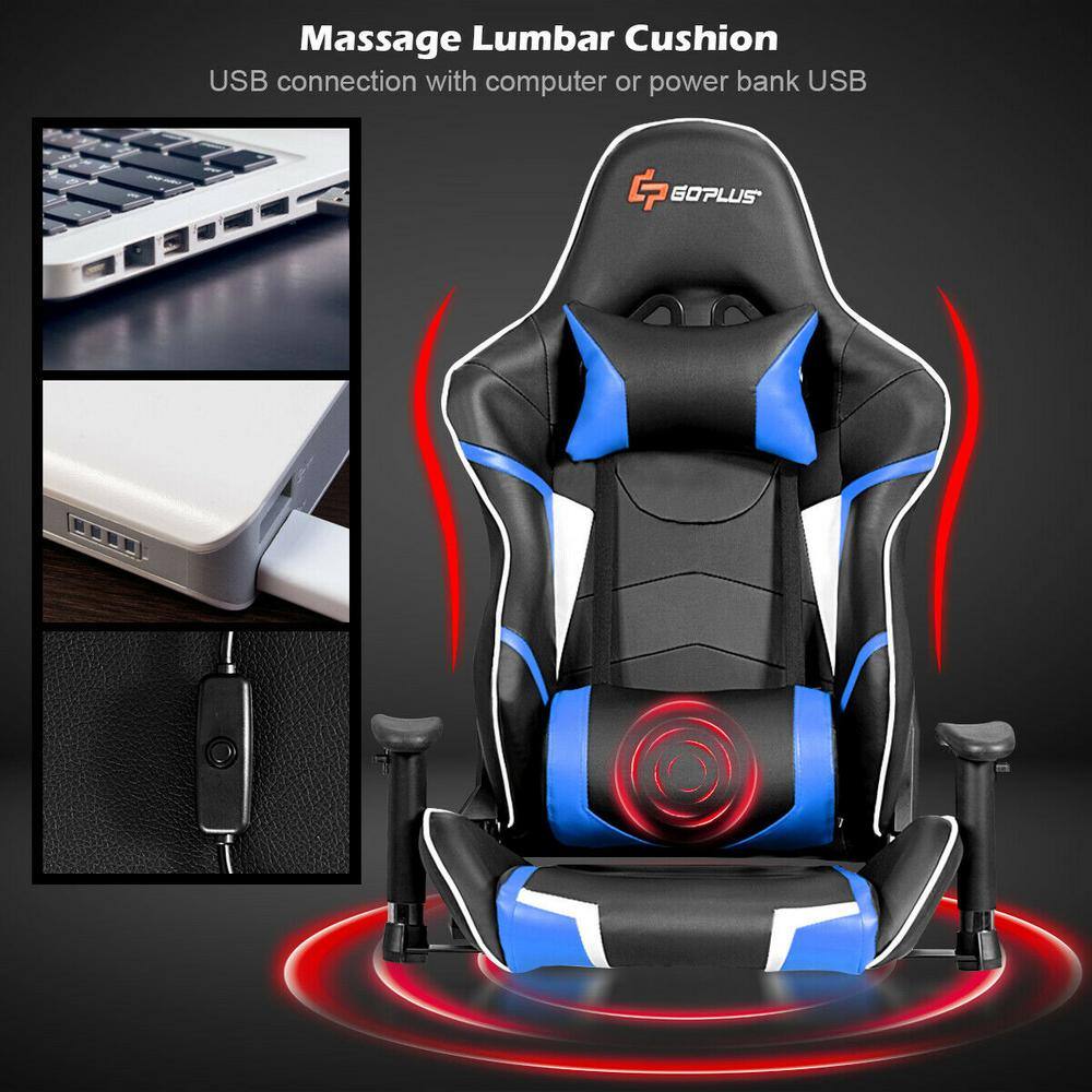 Costway Massage Gaming Chair Reclining Racing Chair w Headrest and Lumbar Support Blue HW62039BL