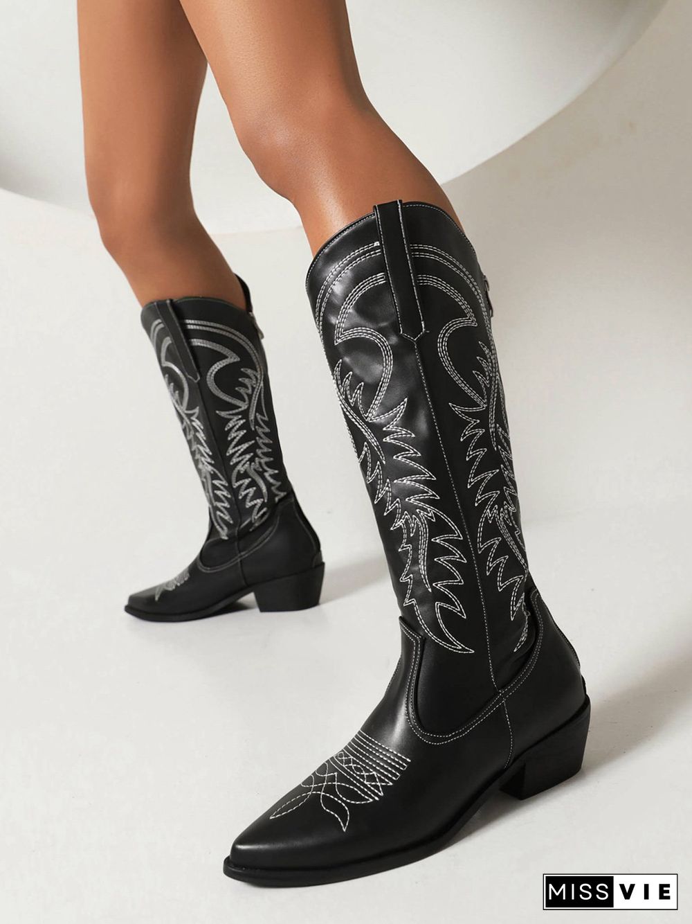 Embroidered Panel Plush Warm Pointed-Toe Cowboy Boots