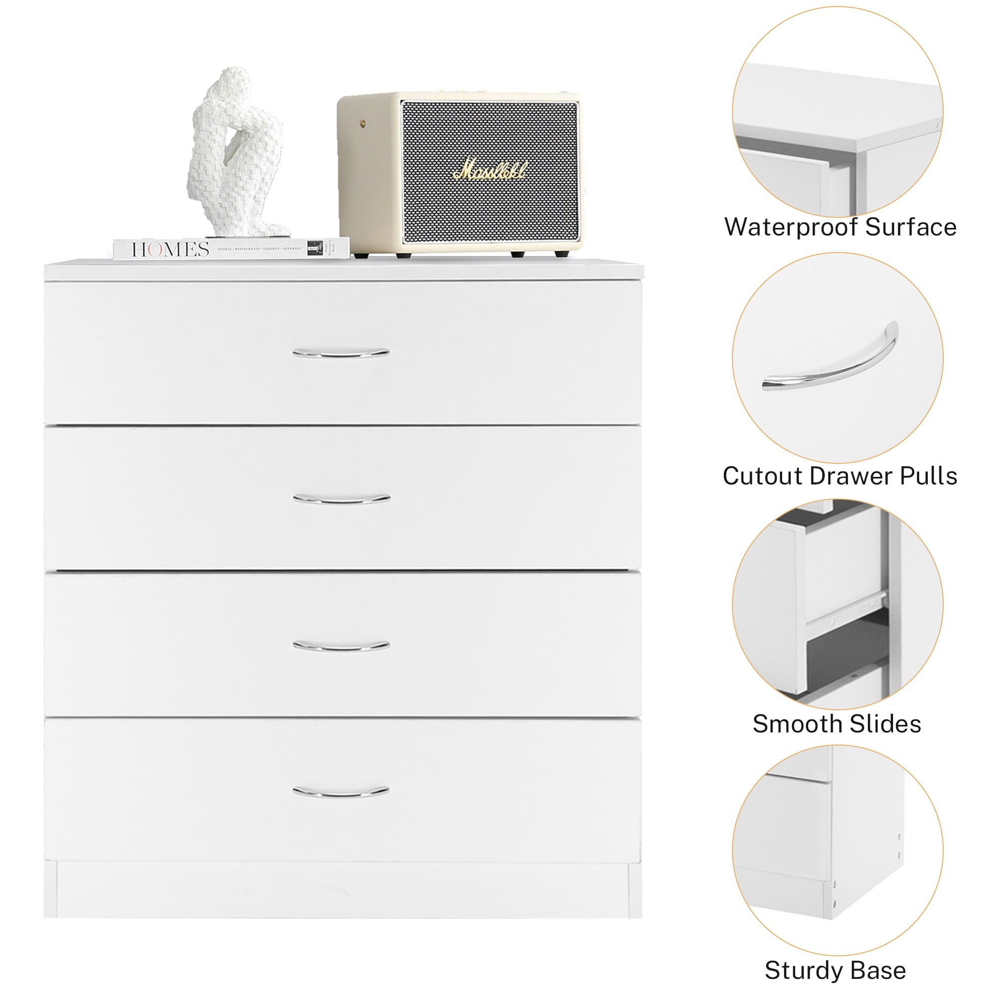 SYNGAR Modern White 4 Drawer Dresser, Small Wood Storage Cabinet with Easy Pull Handles, Dressers and Chests of Drawers, Organizer Unit for Bedroom, Living Room, Hallway, Closets, Nursery