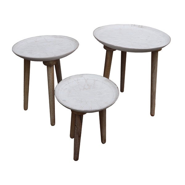 Mango Wood Bowl Top Side End Coffee Table with Angled Tripod Base， Set of 3， White and Brown